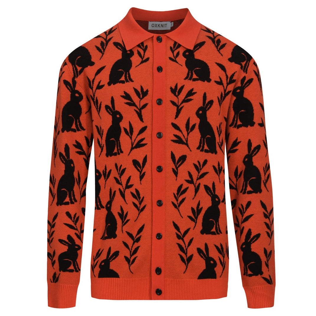 Orange Rabbit Plant Jacquard Cardigan